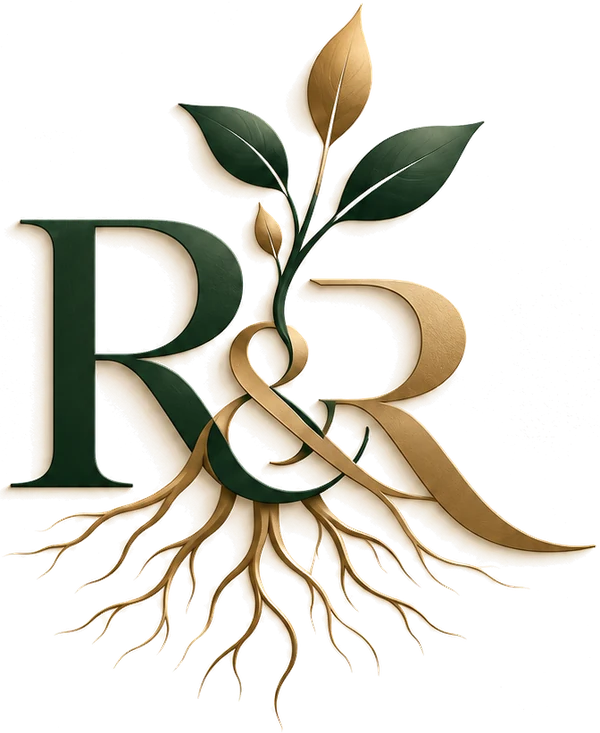 R&R monogram with leaves growing above and roots spreading below